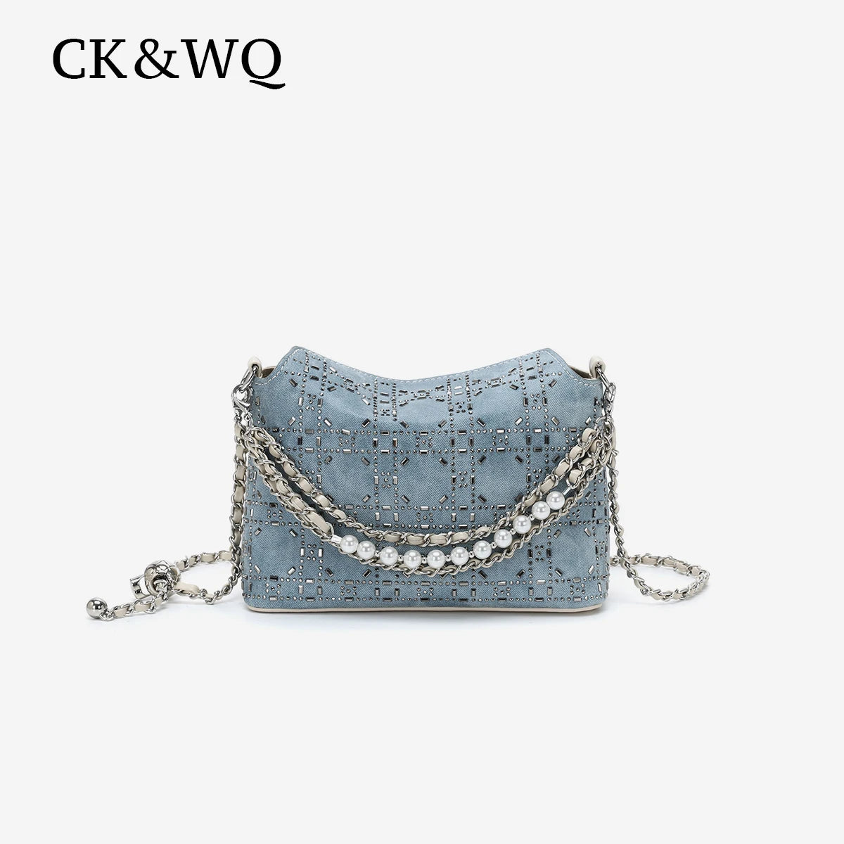 Blue denim hobo designer handbag with rhinestone grid pattern, pearl-accented chain strap, and adjustable side ball.