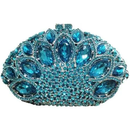 Blue rhinestone formal evening clutch with peacock-style crystal embellishments for designer handbag collectors.