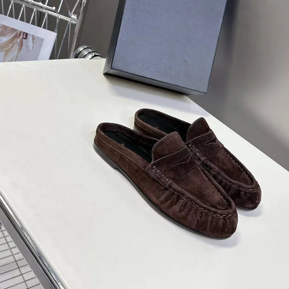 Women's Genuine Leather Loafers Ruched Backless Mules Comfortable Flat Slip-ons Soft Casual Walking Shoes Spring Slides