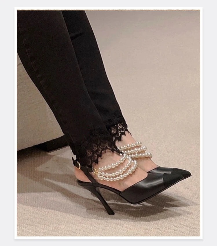 2026 Summer New Pointed High Heels Color Blocked Pearl Chain Toe Women's Sandals