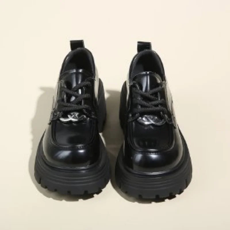 Elegant British-Style All-In-One Leather Platform Loafers Women Women's Thick Heel Fashion Head Lace-Up Small Leather Summer