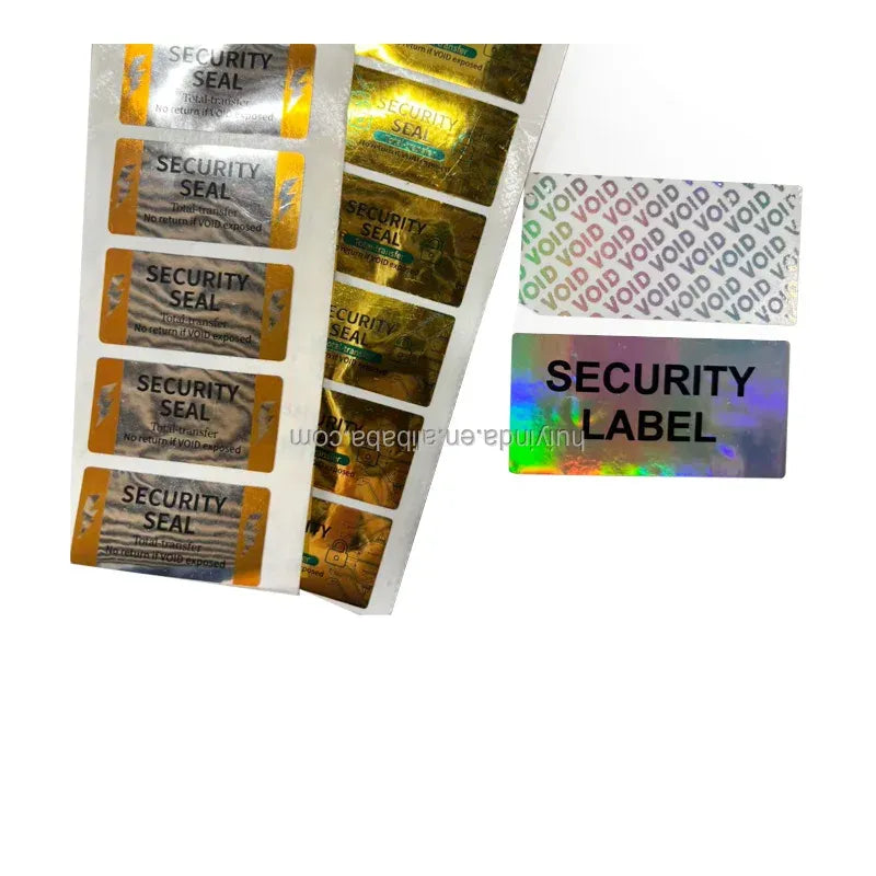 Sheet of holographic security seal stickers with SECURITY SEAL and VOID patterns