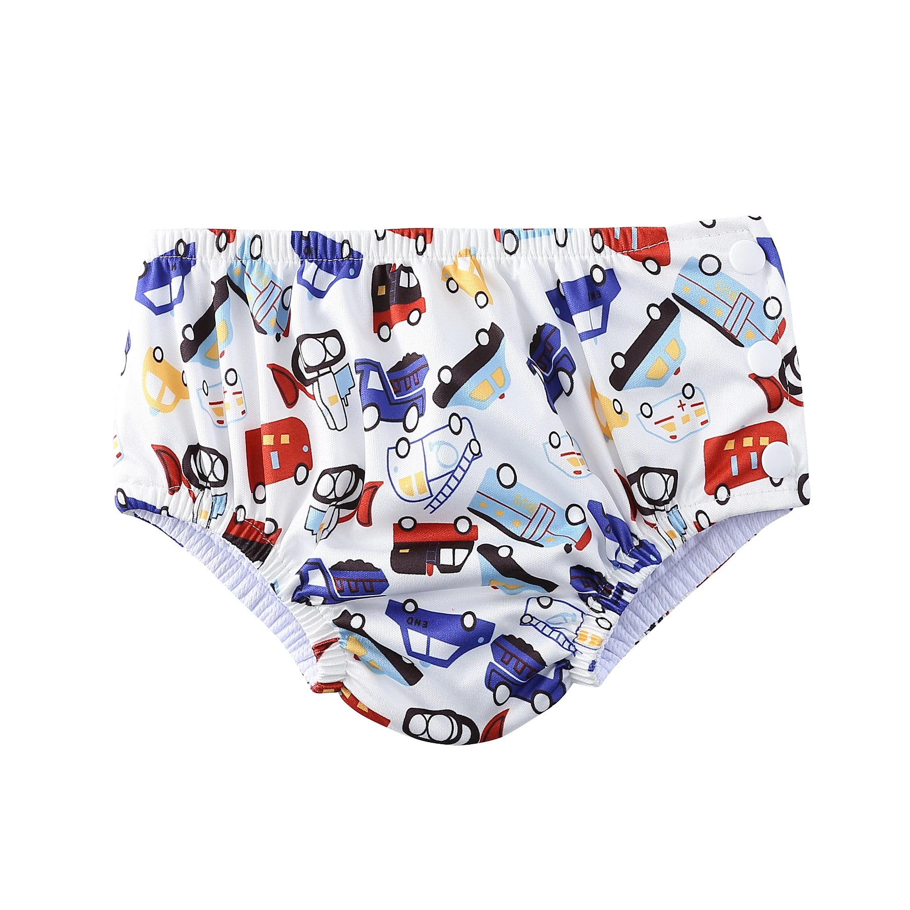 Reusable baby swim diaper with colorful car and vehicle pattern and side snap closures.