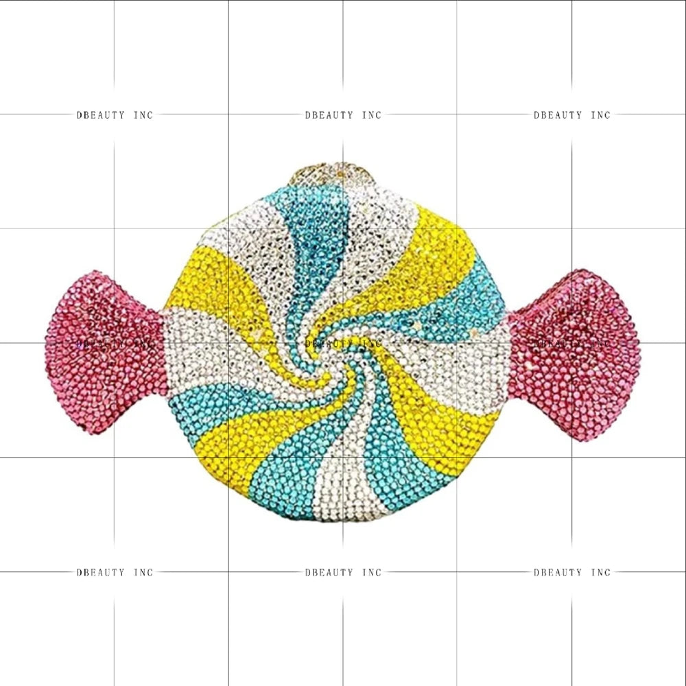 Multi-colored rhinestone candy-shaped evening clutch bag with sparkling crystal swirls, perfect for prom or parties.