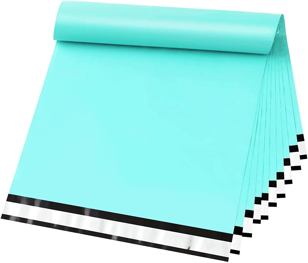 Light blue poly mailer bag roll with black-and-silver stripe along bottom