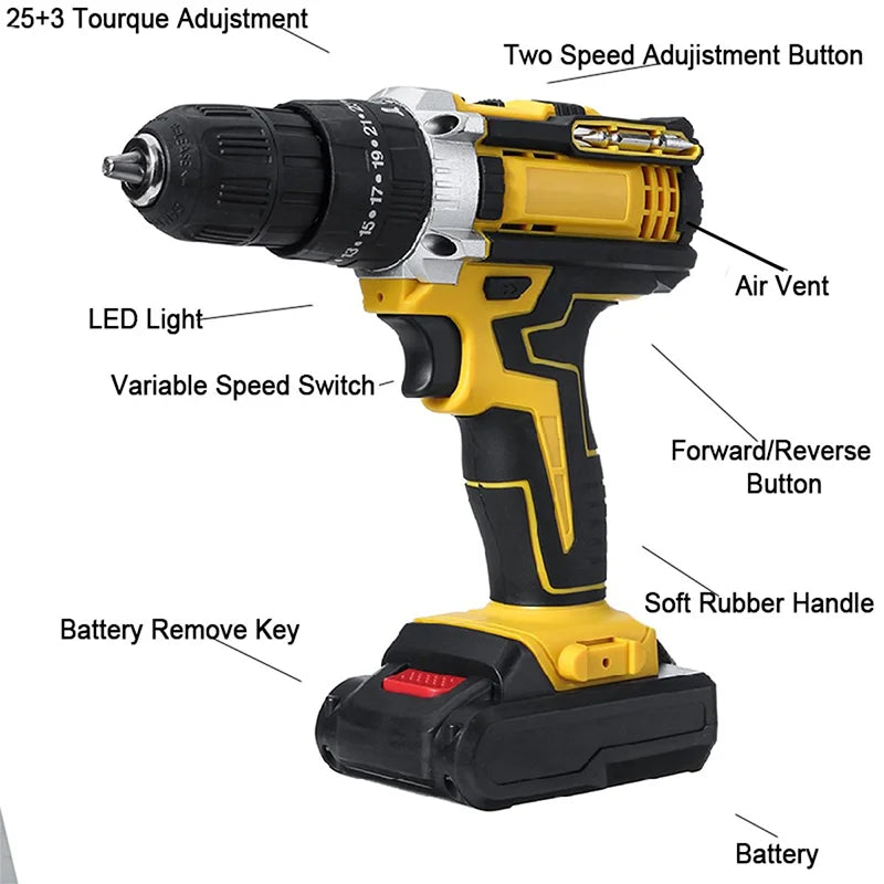 Gisam Cordless Impact Drill Electric Screwdriver Rechargeable Handheld Hammer Drill Power Tool 25+3 Torque Driver Li-ion Battery