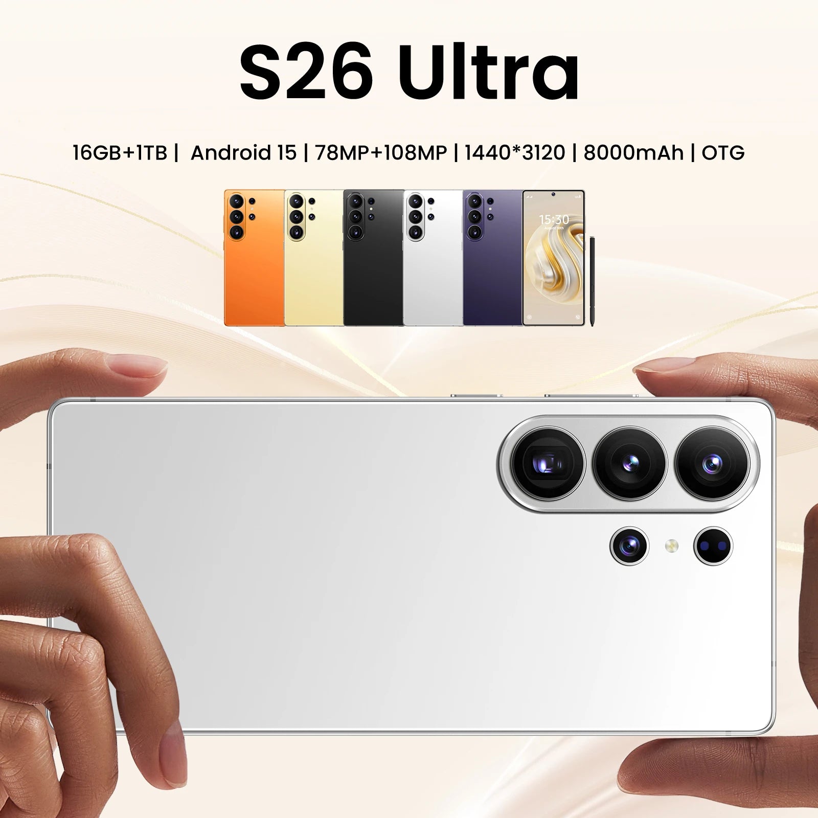 2026 S26 Ultra smartphone featuring 7.3-inch 144Hz display, 16GB RAM, 1TB storage, and 108MP camera, unlocked.
