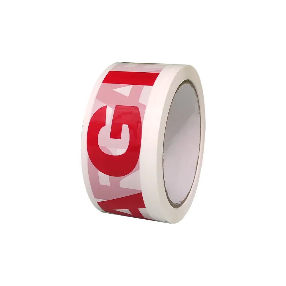 Single printed clear packing tape roll with red and white lettering, core visible