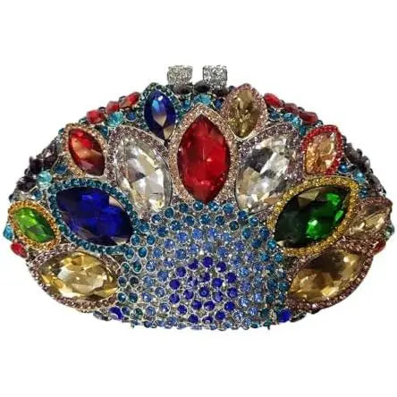 Luxury multi-color rhinestone crystal clutch purse, oval designer handbag with dazzling jewels for formal evening wear.