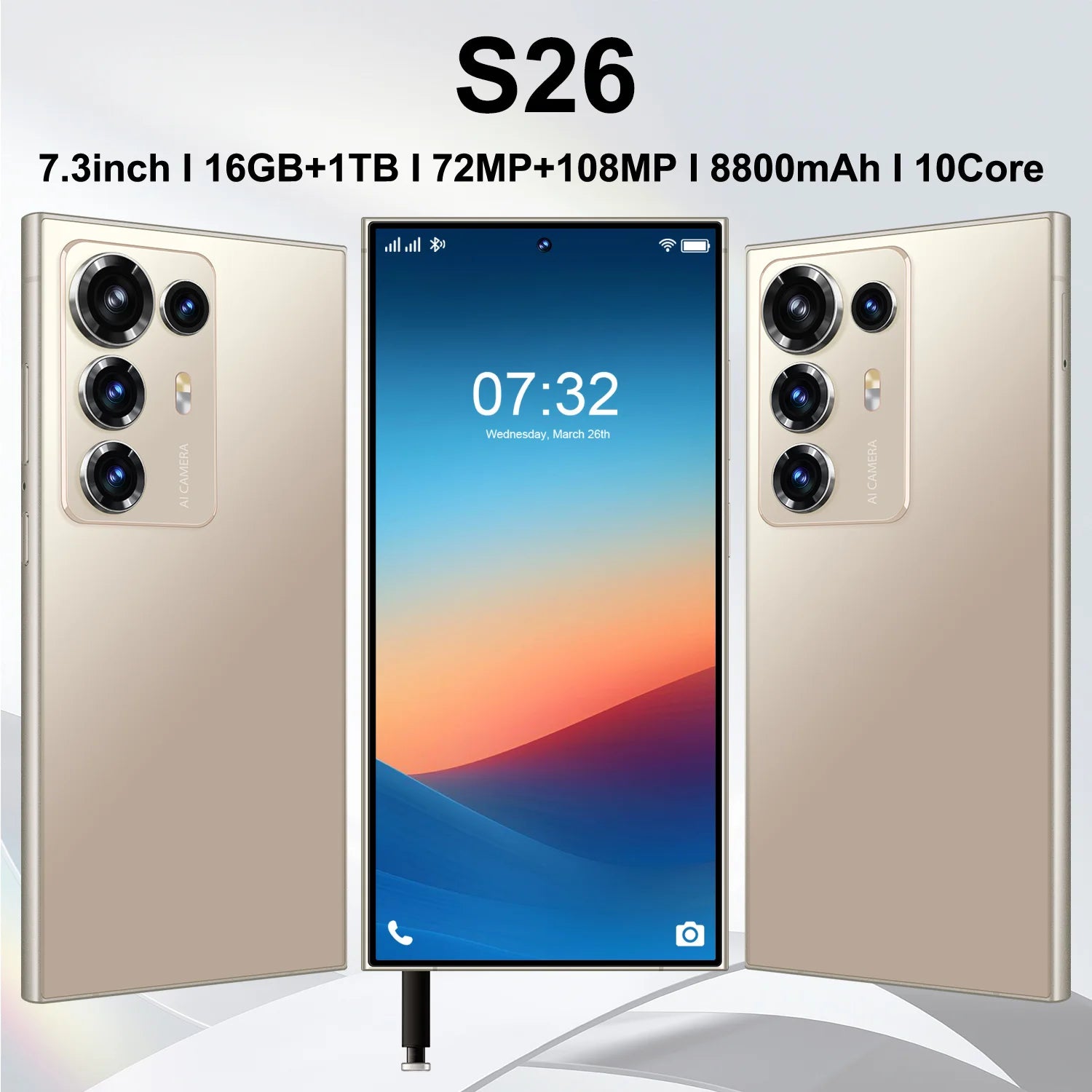 Wholesale S26 Ultra 2026 smartphone featuring 108MP rear camera and long battery life in unlocked grey finish