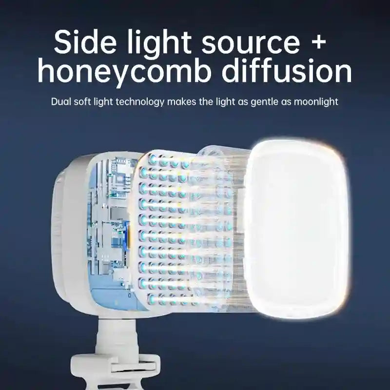 Exploded view of a square LED light with a honeycomb diffusion grid and white housing for soft, side-mounted lighting.