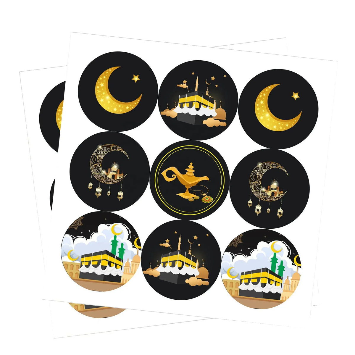 Black and gold round Eid-themed sticker sheet with crescent moon and mosque