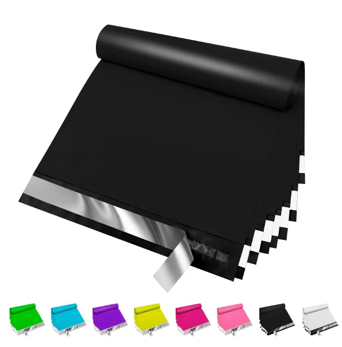 Black poly mailers stack with self-sealing adhesive strip, tear-resistant waterproof shipping bags