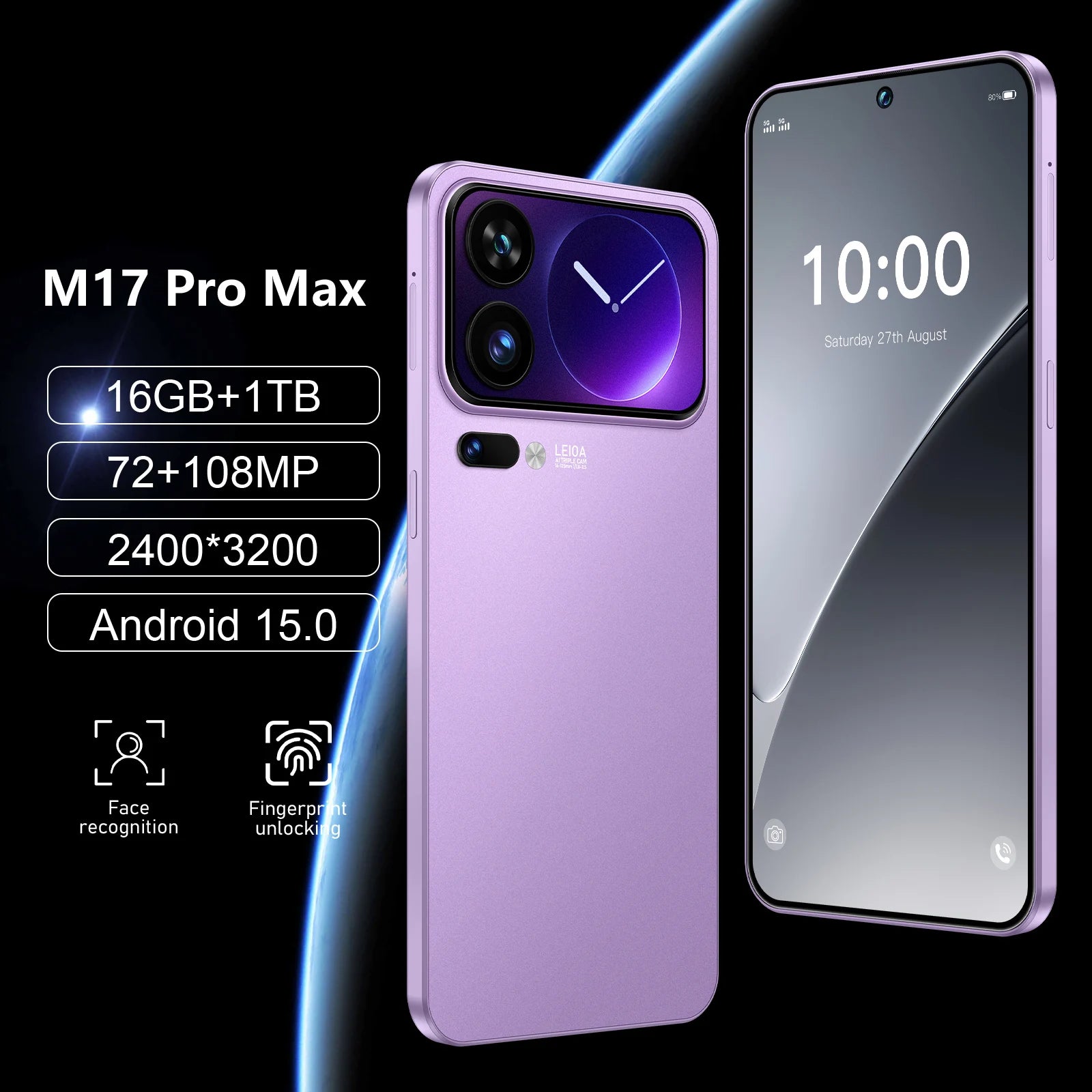 M17 Pro Max 5G smartphone with 90Hz full display featuring face recognition and fingerprint unlock for gaming