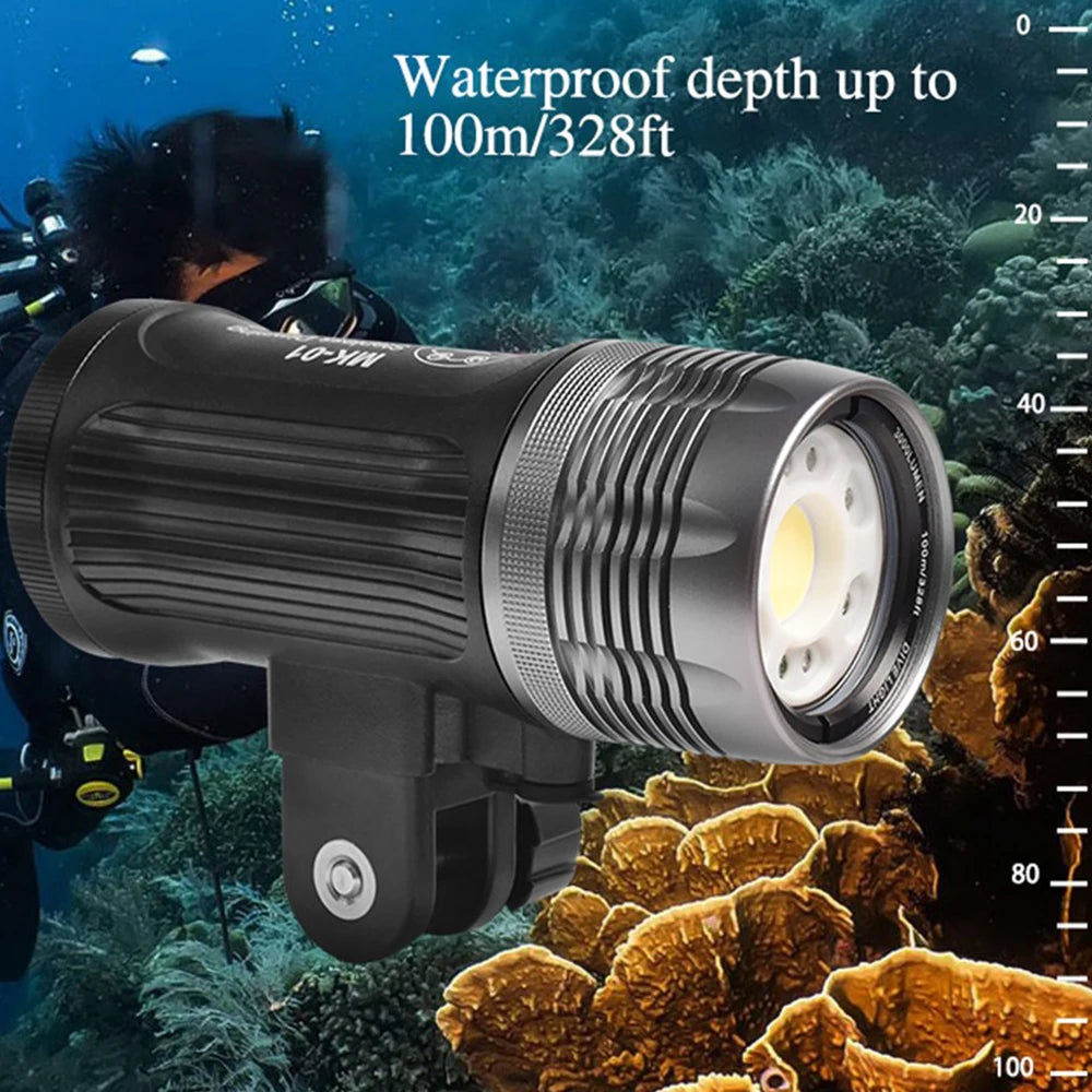 MK-01 waterproof scuba diving flashlight with a black cylindrical metal body and mounting bracket for underwater use.