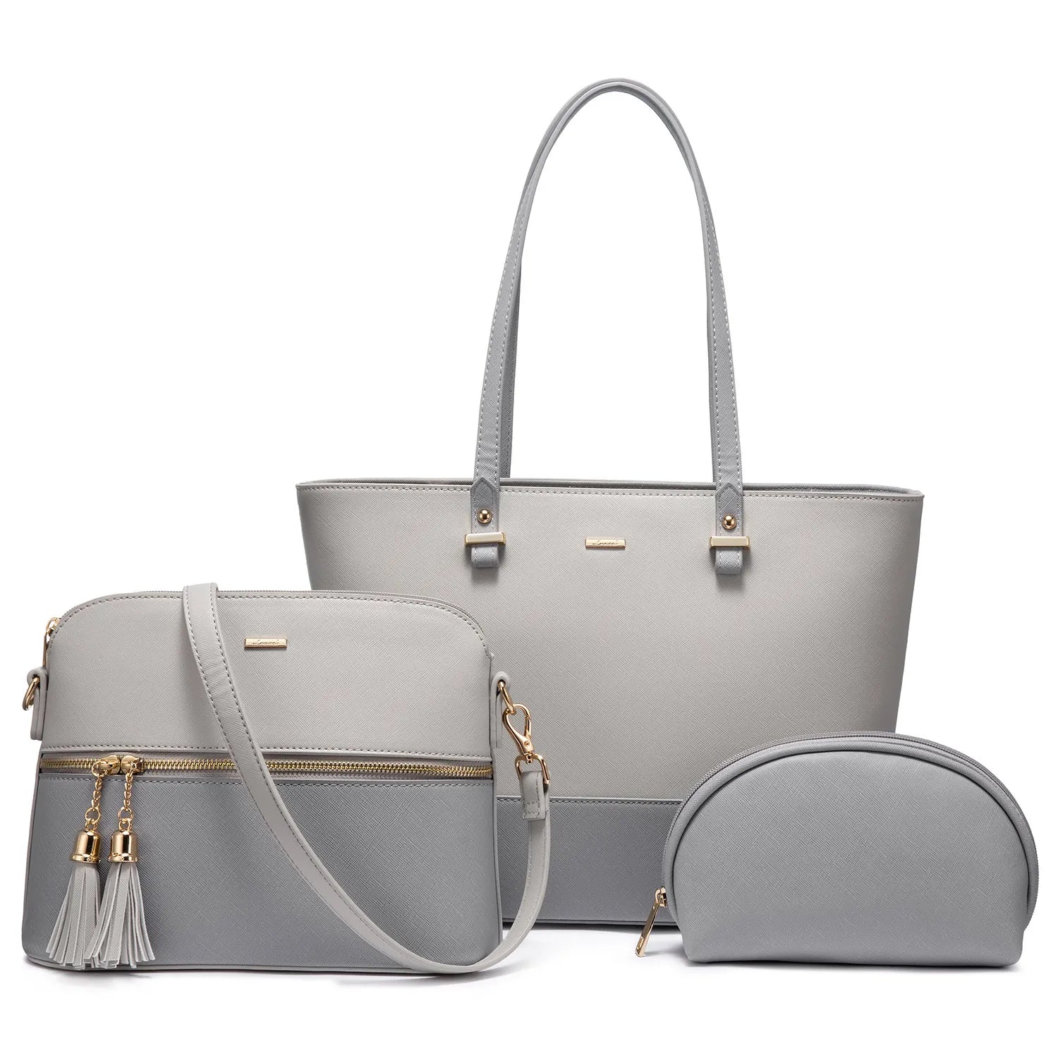 3-piece grey designer handbag set in textured PU leather, including a tote, tassel crossbody bag, and matching pouch.