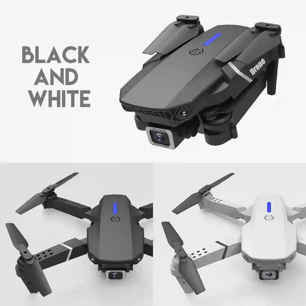 Foldable black and white camera drones with front-facing lenses, landing gear, and LED status lights for aerial filming.