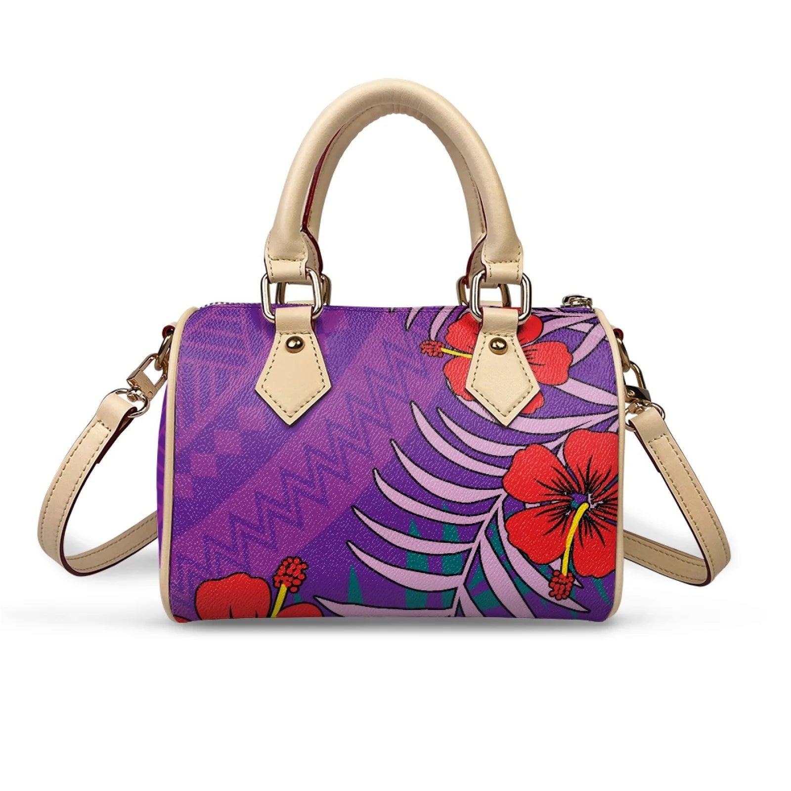 Purple PU leather trunk handbag with Samoan tribal patterns, red hibiscus flowers, beige handles, and cross-body strap.