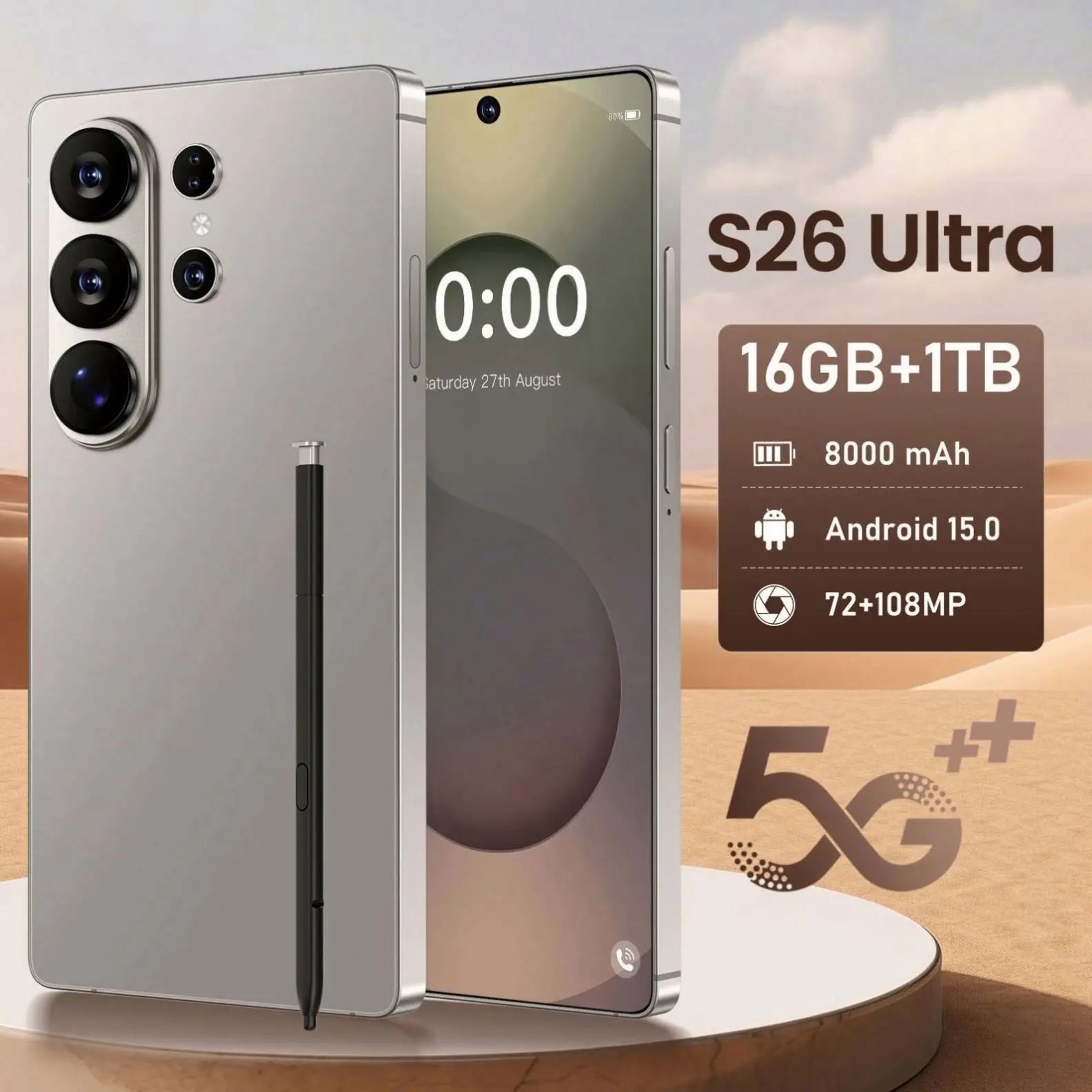 2026 S26 Ultra 5G Android 15 Smartphone with 22GB RAM 2TB storage 108MP camera and 100W fast charging