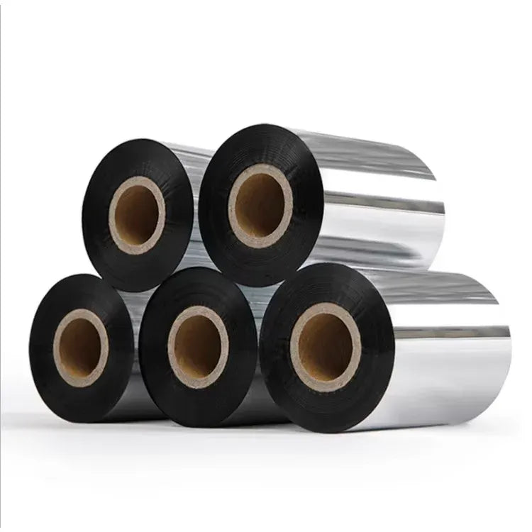Set of black thermal transfer ribbon rolls with silver backing for label printing