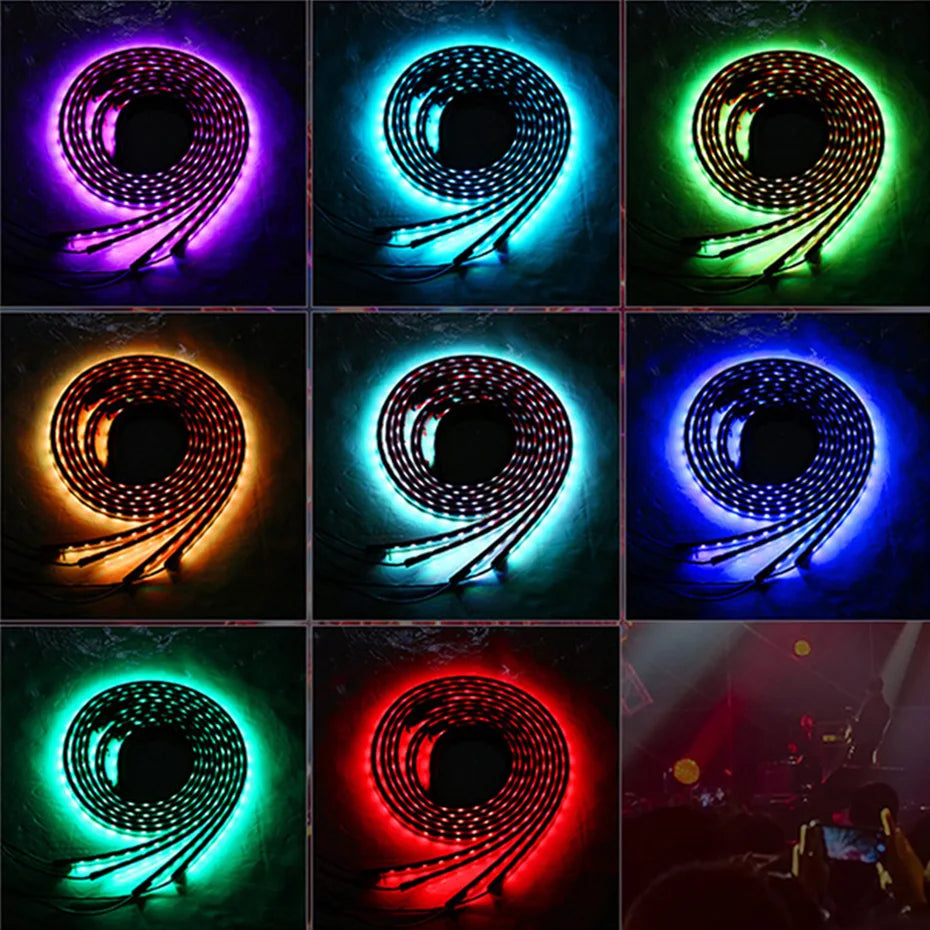 Coiled LED strip lights in various colors for decorative indoor lighting, shown in individual spools and in use.