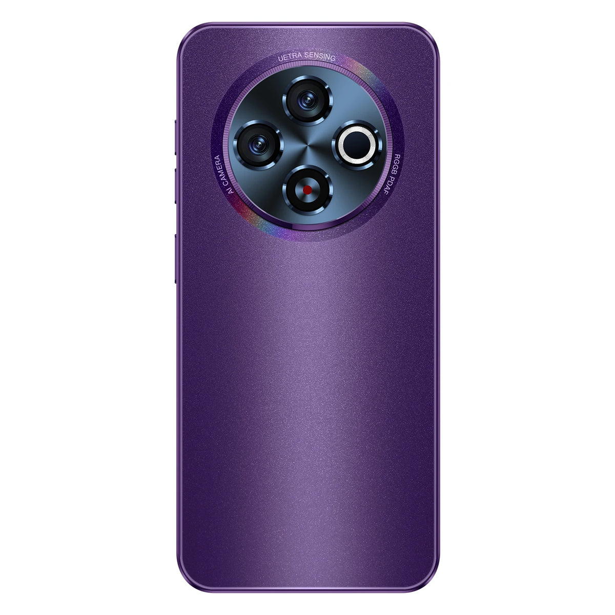 Purple 5G smartphone back with triple rear camera module