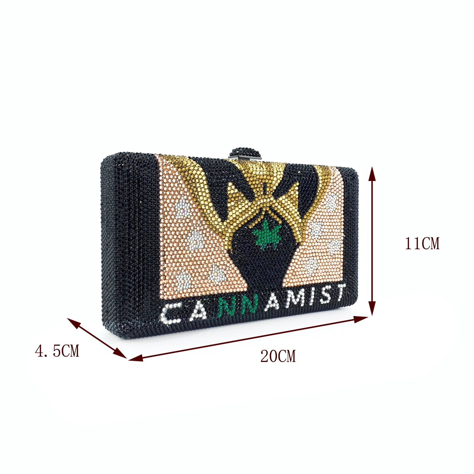 Black crystal evening clutch with gold and green Cannamist design, hard-shell designer handbag for formal occasions.