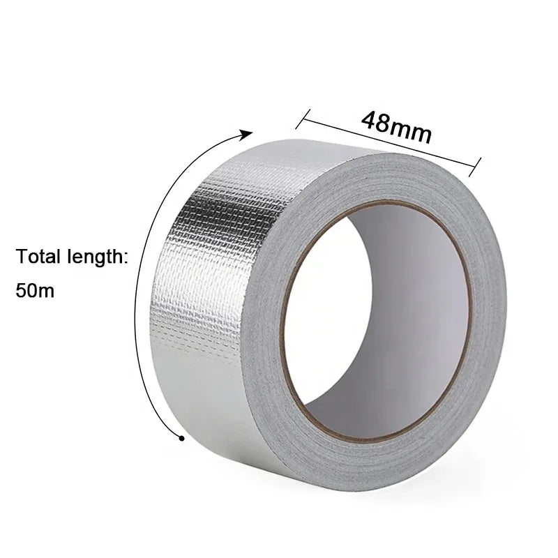 Silver foil tape roll, 48mm width and 50m total length for duct sealing