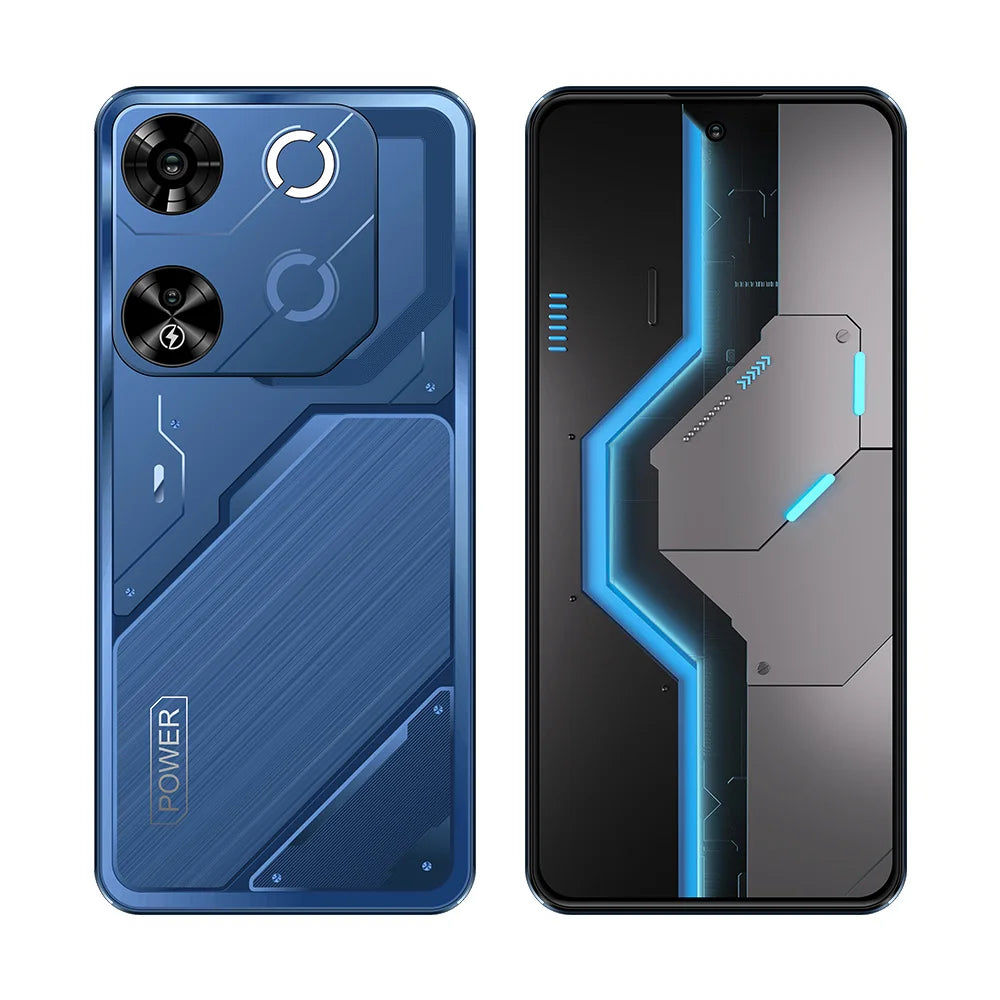 Blue and black smartphones showing rugged back camera module and front screen
