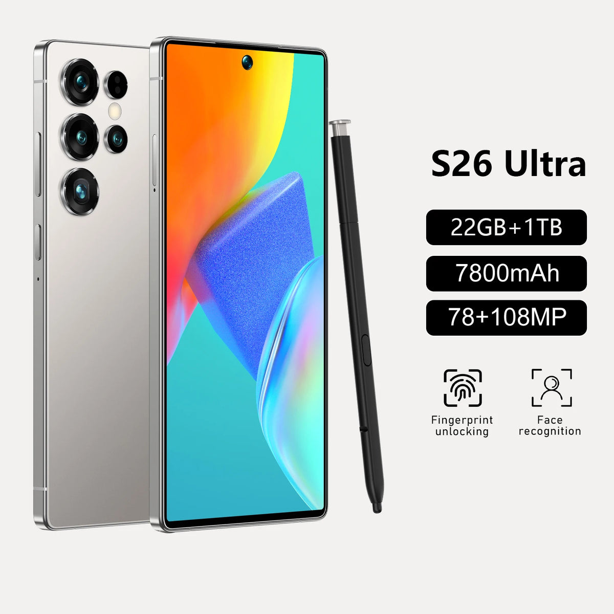 Silver smartphone with four rear cameras, front display on, includes slim stylus