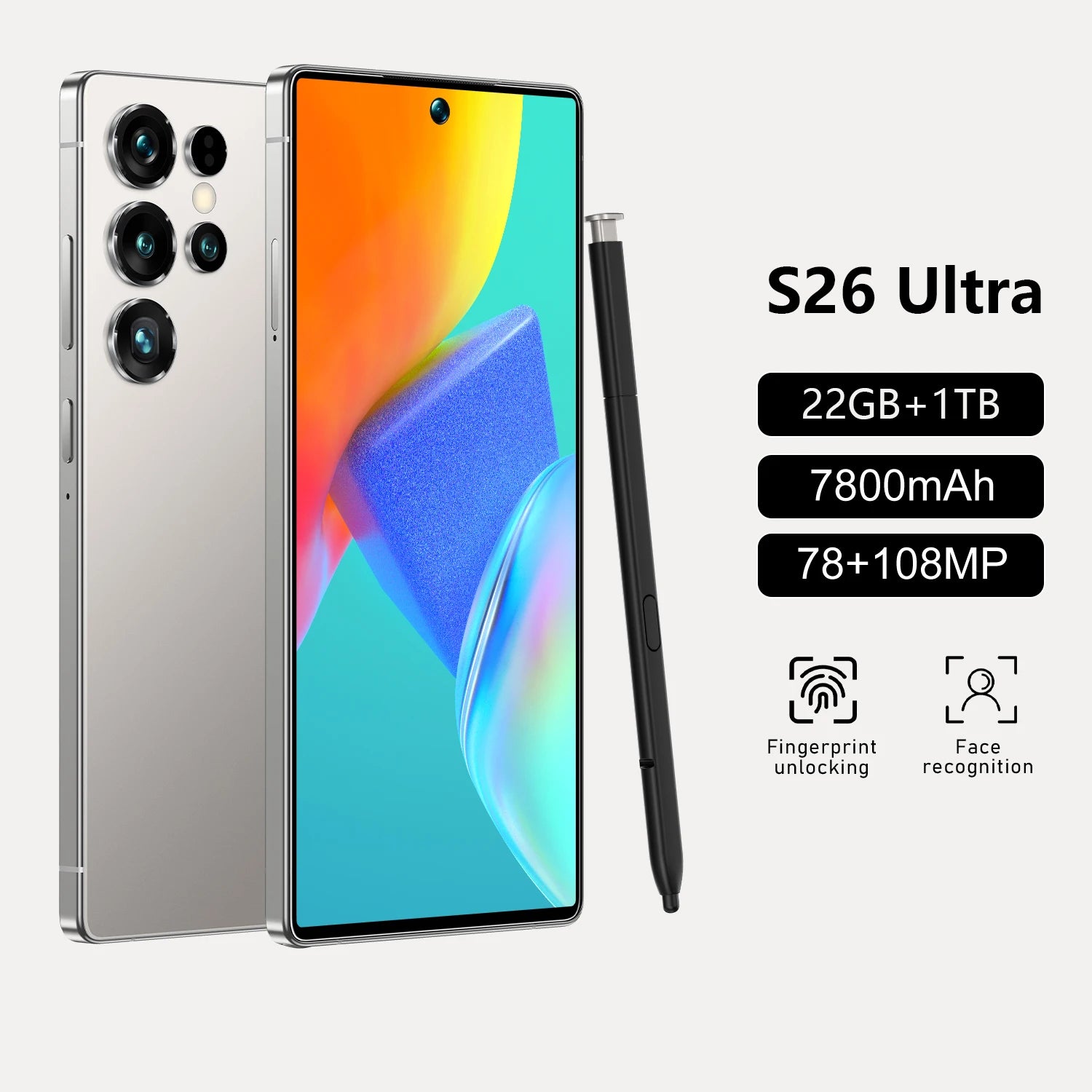 S26 Ultra 5G Android smartphone with 22GB RAM and 1TB storage, unlocked high-performance mobile phone display
