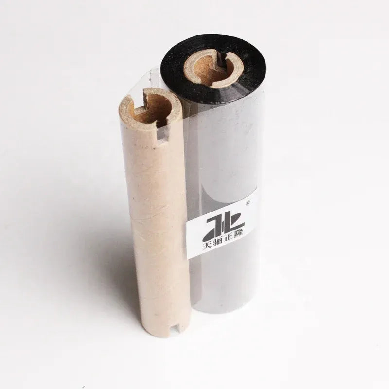 Two core black wax thermal transfer ribbon rolls with cardboard cores
