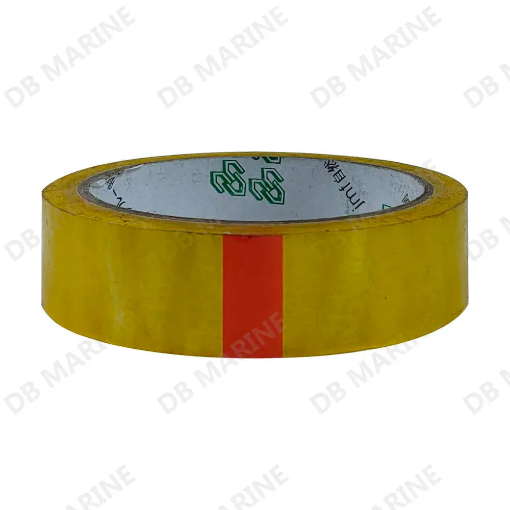Top view of yellow transparent packing tape roll with red vertical label stripe