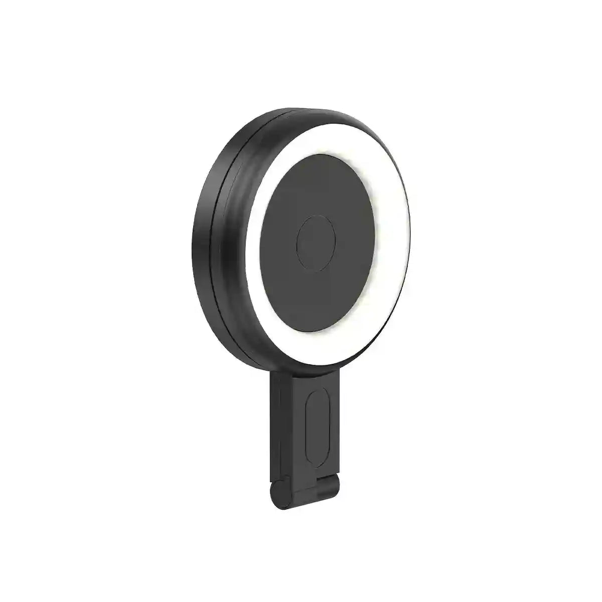 Black circular LED ring light with a folding stand, used for phone mounting and illumination.
