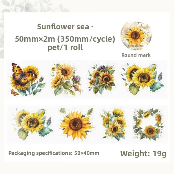 Sunflower flower PET masking tape roll set with butterfly and green leaf stickers