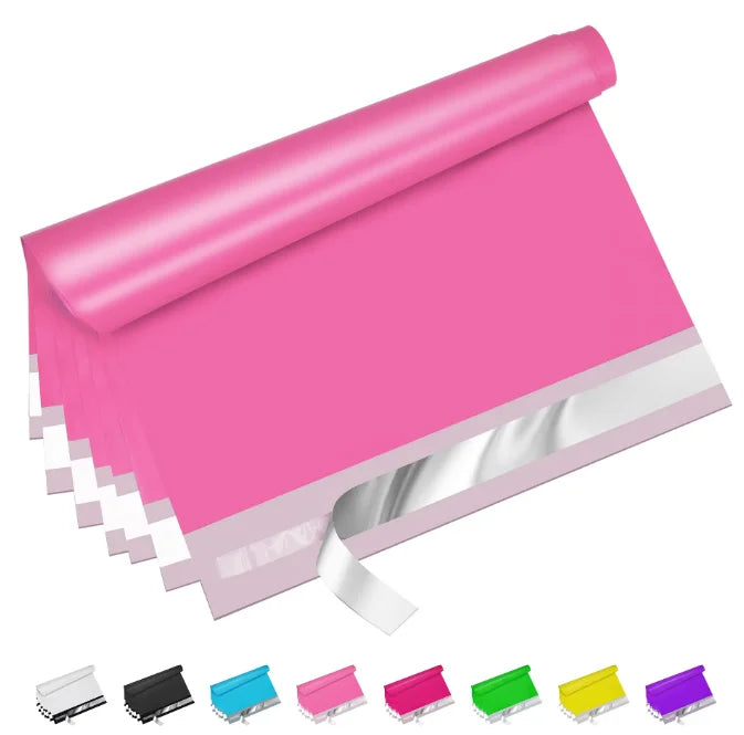 Pink 10x13 privacy poly mailers with self-sealing strip, tear- and water-resistant