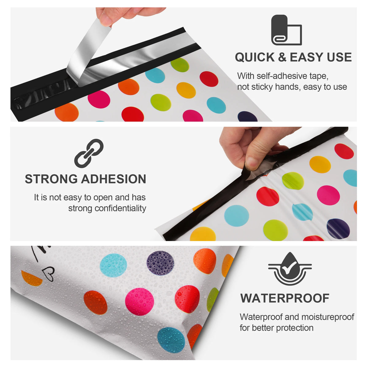 White waterproof poly mailer with colorful polka dots and self-adhesive seal