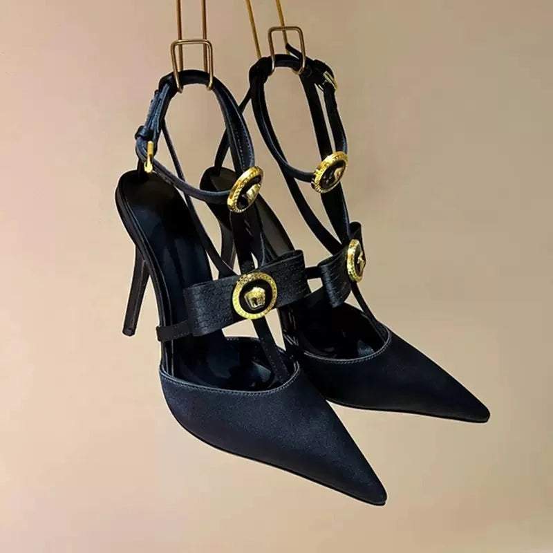 2026 New Women's High Heels Pointed Shallow Mouth Metal Bow Thin Heel Party High-heeled Sandals