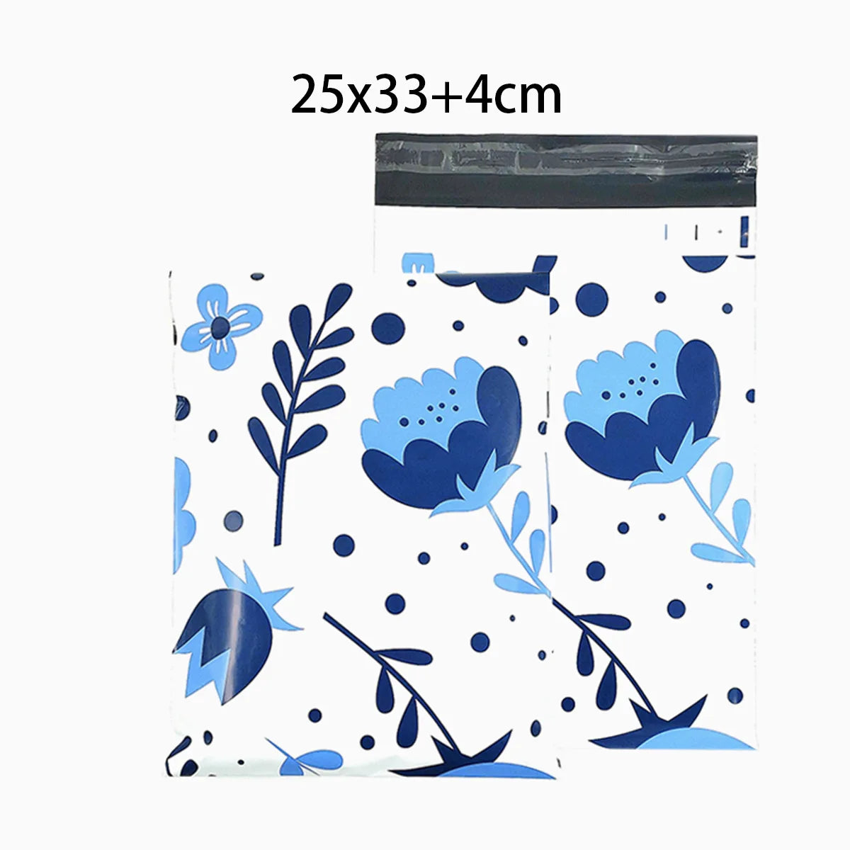 Blue-and-white floral poly mailer shipping bag with handle opening, size 25x33+4cm.