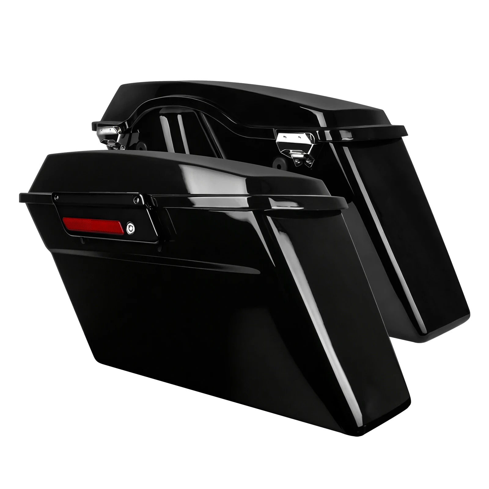 Glossy black hard saddlebag trunks for Harley Touring 1994-2013 with chrome latches and red reflector accents.