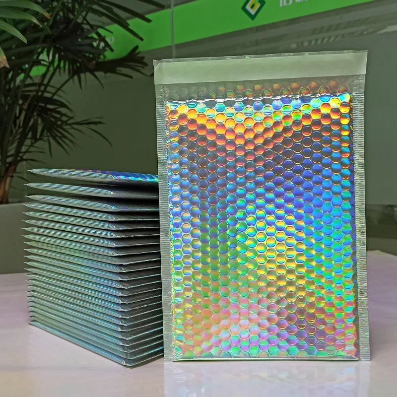 Holographic multicolor bubble mailers stacked, waterproof padded shipping bags