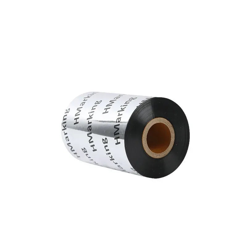 Adhesive tape roll with printed white outer layer and black outer edge, cardboard core