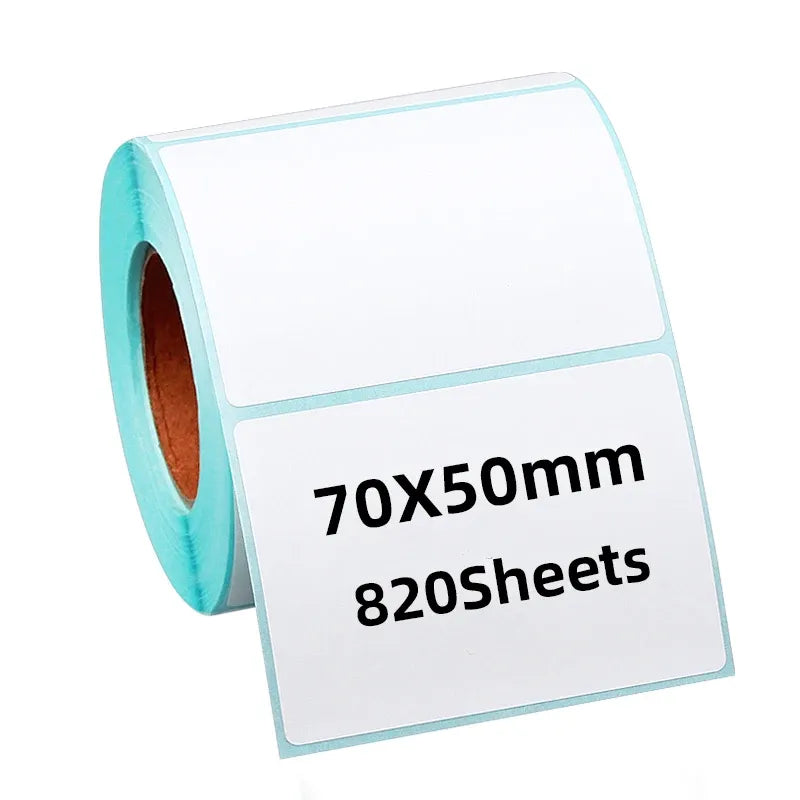 Direct thermal label paper roll, white labels on blue core, 70×50mm, 820 sheets