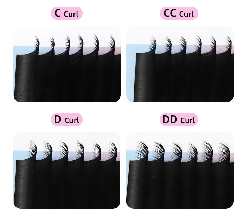 Four panels showing black 0.03mm handmade silk eyelash extension fans in C, CC, D, and DD curl styles.