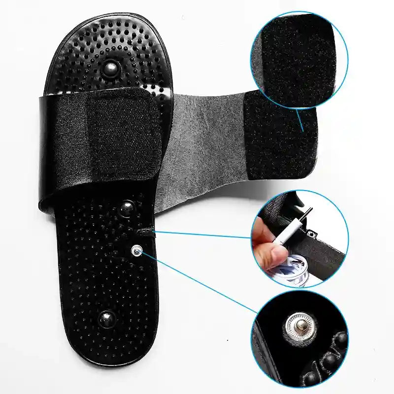 Black acupuncture reflexology massage sandals with adjustable strap and electric charging port for foot stress relief.