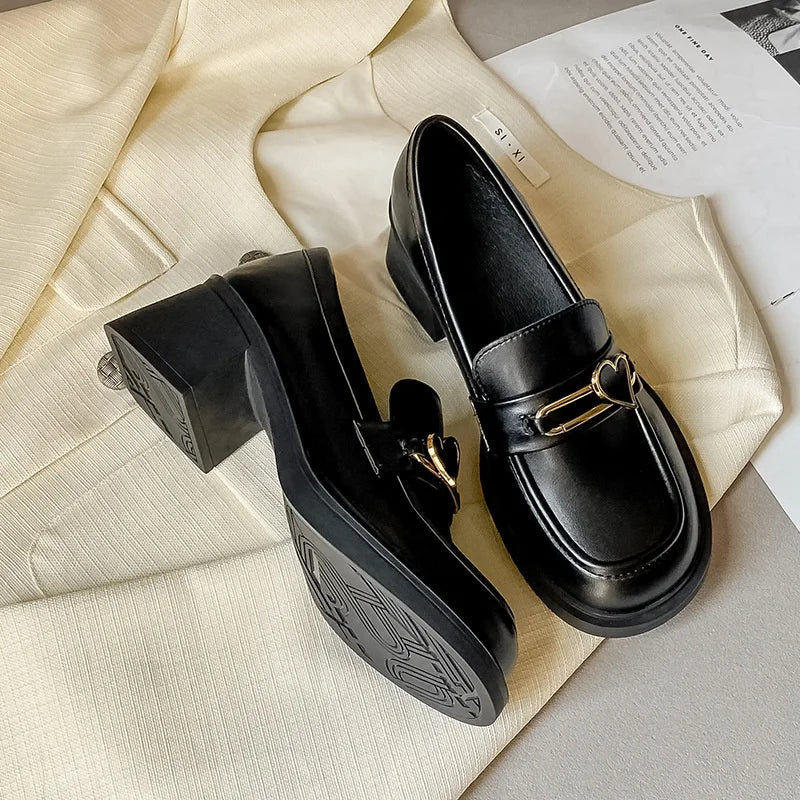 2024 Elegant Thick Heel Women's Black Leather Slip-On Loafers British Preppy Style Platform Shoes Light Patent Upper Material
