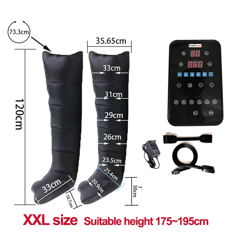 XXL air compression leg massage recovery boots with digital controller and measurement diagram for circulation therapy.