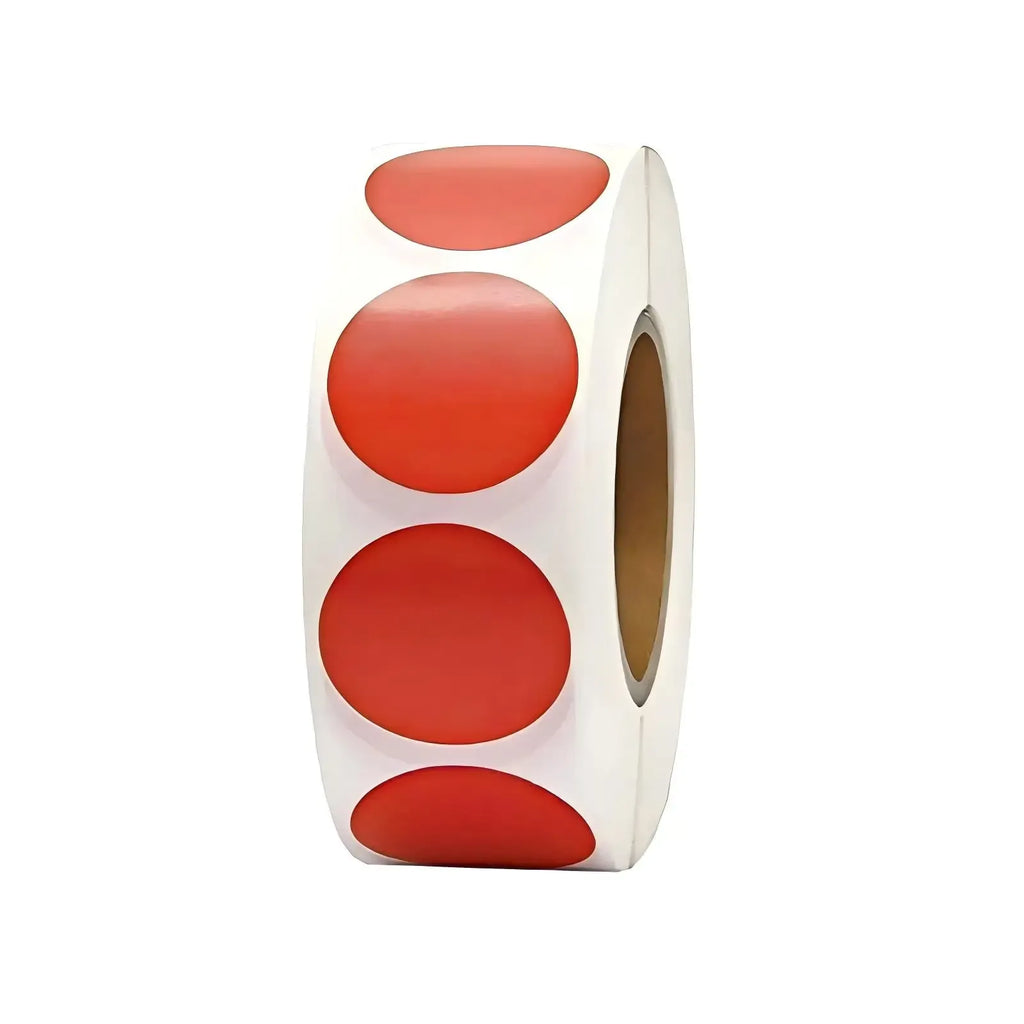 Roll of red circular adhesive stickers on white backing