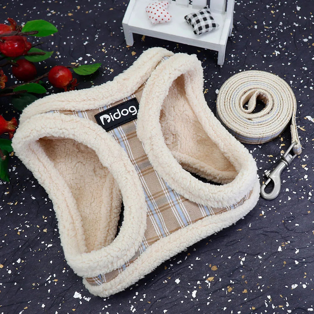 Warm plaid dog harness and leash set for small dogs, soft fleece winter vest for cozy, no-pull comfort.