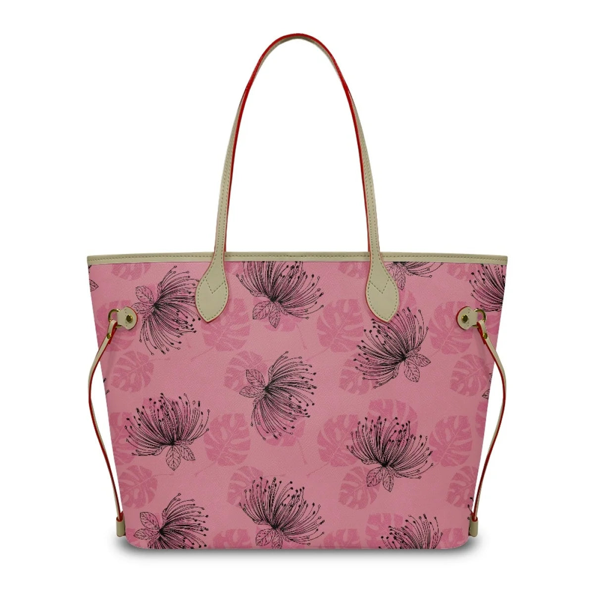 Pink leather tote bag with black Ohia Lehua floral print, cream handles, and luxury designer style.